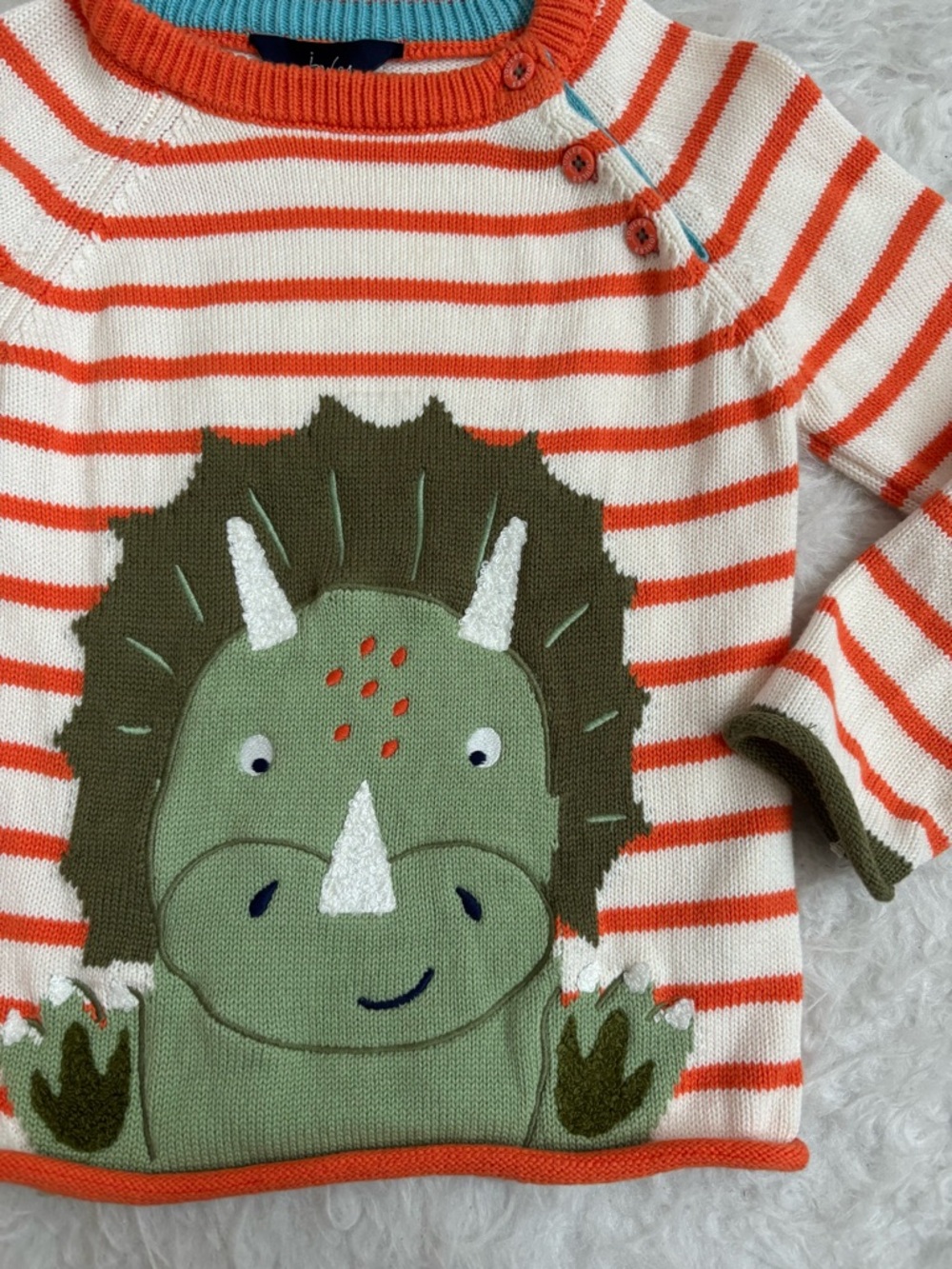 Joules Cream & Orange Knit Striped Sweater with Green Dinosaur Applique - Picture 3 of 4